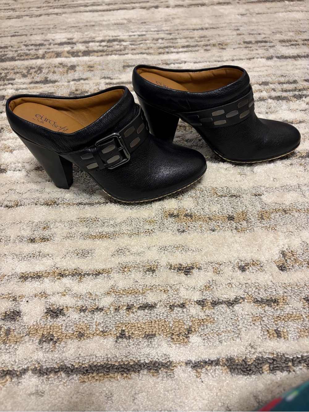 eurosoft by sofft | Black Leather Heeled Mules with Buckle size 7